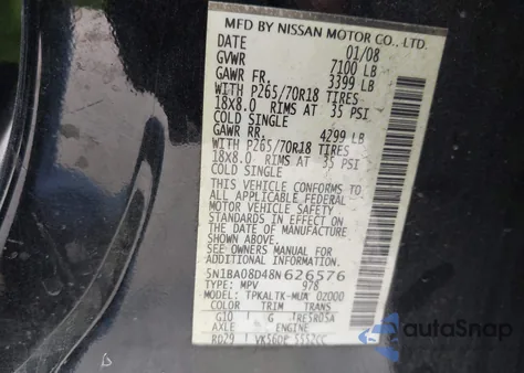 2008 Nissan Armada Se z USA, uszkodzony, nr VIN 5N1BA08D48N626576